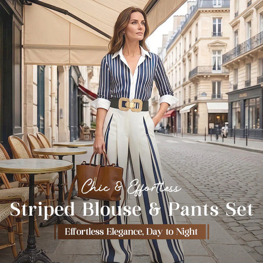 🎁New Arrival 50% OFF💥 Women's Striped Shirt & Wide-Leg Pants 2-Piece Set