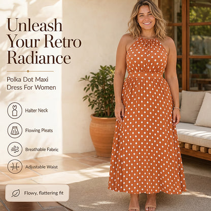👗New Arrival 50% OFF🍊 Retro Polka Dot Halter Dress – Flowy Pleated Skirt & High Waist – Flattering & Breezy 🍋
