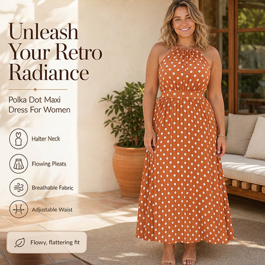 👗New Arrival 50% OFF🍊 Retro Polka Dot Halter Dress – Flowy Pleated Skirt & High Waist – Flattering & Breezy 🍋