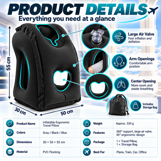 😴 LIMITED-TIME 52% OFF! ✈️ Inflatable Ergonomic Hollow-Cutout Travel Pillow – PVC Flocking, Quick Inflate, With Storage Bag ✨
