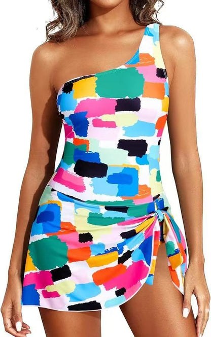 🎁New arrival 50% OFF🏖️🩱Women One Piece Swim Dress One Shoulder Swimsuit With Skirt