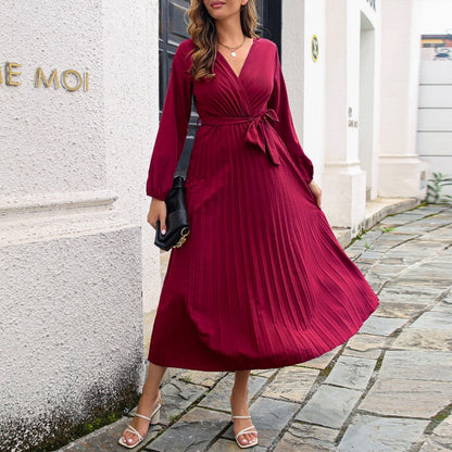 🎁New arrival 50% OFF💥Women's Long Length Pleated Wrap Tie Dress