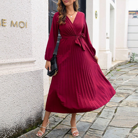🎁New arrival 50% OFF💥Women's Long Length Pleated Wrap Tie Dress