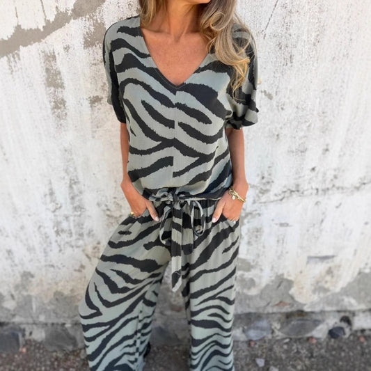 🎁New Arrivals 52% OFF💥Women's Zebra Print V-Neck Top & Pants Two-Piece Set