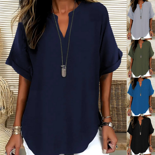 🎁New arrival 50% OFF💥Fashion Loose Short Sleeve Top – Notched V-Neck, Asymmetrical Hem & Lightweight Fabric (5 Colors, S–2XL) 👕🌸