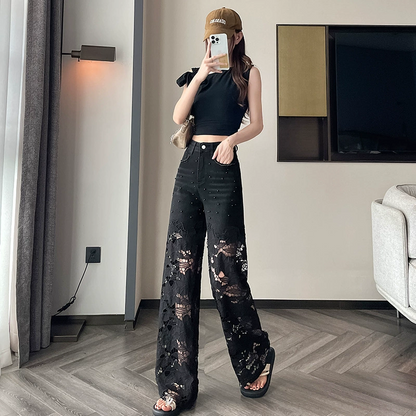 🎁New arrival 50% OFF💥Women’s Spliced Hot Rhinestones Printing Hollow Pants