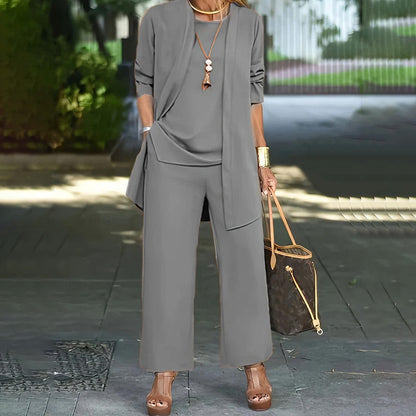 💃New Arrivals 50% OFF🎁Elegant Women’s Relaxed Fit 3-Piece Set – Minimalist Wide-Leg Pants, Cardigan & Top in Luxe Stretch Fabric 🌟👚
