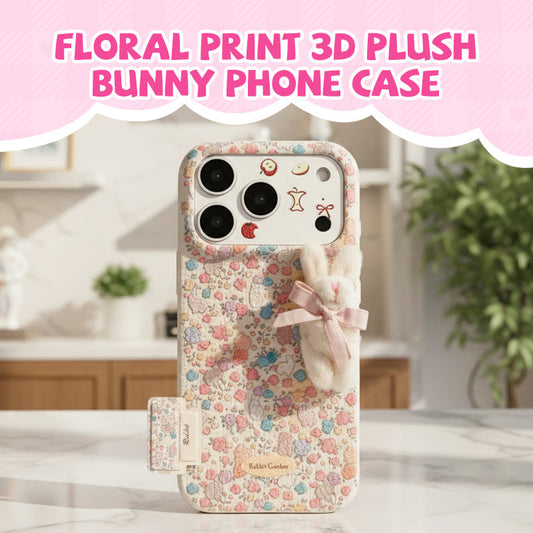 Floral Print 3D Plush Bunny Phone Case for 11-17 Series