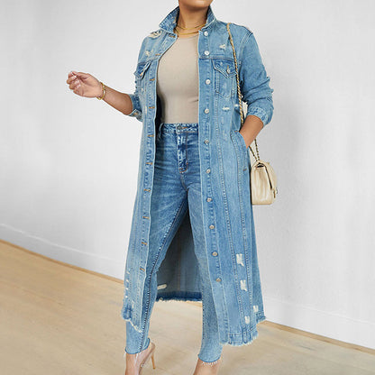 🎁New arrival 50% OFF💥Women's Ripped Holes Long Denim Jacket