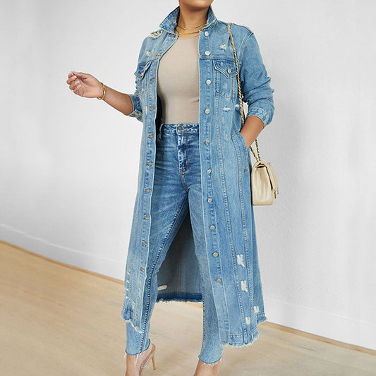 🎁New arrival 50% OFF💥Women's Ripped Holes Long Denim Jacket