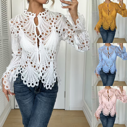 🎁New arrival 50% OFF💥Elegant Hollow-Out Lace Blouse with Bell Sleeves