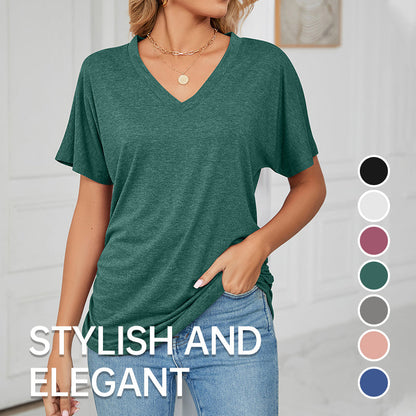 🎁New Arrival 50% OFF💥Women's V-Neck Loose Soft Solid Color Short Sleeve Top