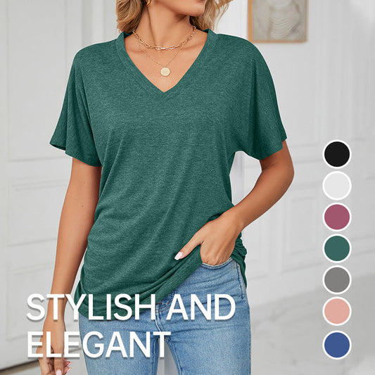 🎁New Arrival 50% OFF💥Women's V-Neck Loose Soft Solid Color Short Sleeve Top