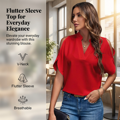 🎁New Arrival 50% OFF💥Women's V-Neck Cold Shoulder Flutter Sleeve Top