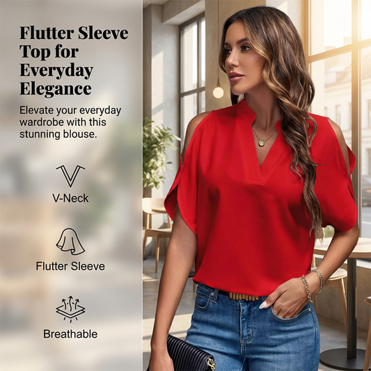 🎁New Arrival 50% OFF💥Women's V-Neck Cold Shoulder Flutter Sleeve Top