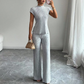 👗 50% OFF NOW! 🌸 Elegant Mock Neck Top & Wide-Leg Pants 2-Piece Set – Ribbed Texture, Flowing Silhouette & Versatile Style ✨