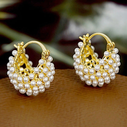 💎New Arrivals 50% OFF💥 Faux Pearl Basket Hoop Earrings: Gold-Tone, Weave Design, Secure Clasp, French Elegance