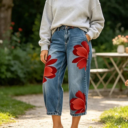 🎁2026 New Arrivals 50% OFF💥 Women's Floral Wide-Leg Jeans – Unique Appliqué, Soft, 6 Colors 🌸