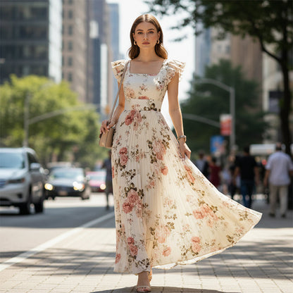 🎁2026 New Arrivals 52% OFF💥Elegant Floral Print Pleated Maxi Dress