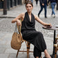Sleeveless Cowl Neck Jumpsuit – Halter, Wide-Leg, Elegant