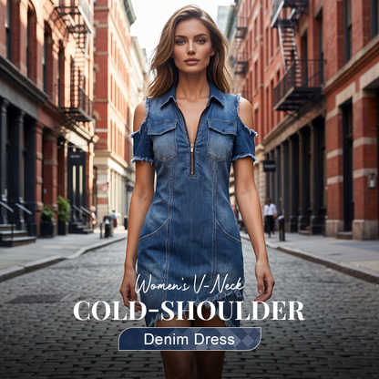👖 New Arrival 55% OFF✨ Women's Cold-Shoulder Denim Dress – V-Neck, Flowy, Boho 🌼