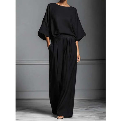 🎁New Arrival 56% OFF💥 Two-Piece Set – Dolman Sleeve Top, Wide-Leg Pants, Loose Fit 🌿