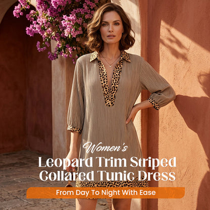🎁2026 New Arrivals 50% OFF💥Women's Leopard Trim Striped Collared Tunic Dress