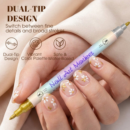✍️💖 Dual-Tip Nail Art Pen Set – Draw Like a Pro | Waterproof & Quick Dry 💧💨 | 12+ Colors 🌈