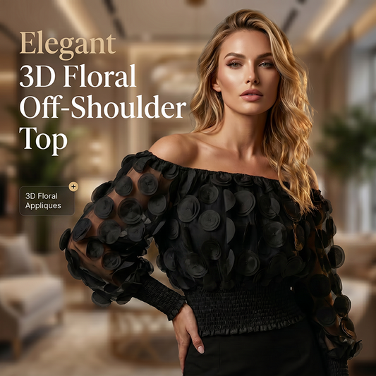 🎁New Arrival 52% OFF💥Off-Shoulder Fitted Top – 3D Floral Appliqués, Smocked Waist, Balloon Sleeves 🌸