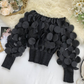 🎁New Arrival 52% OFF💥Off-Shoulder Fitted Top – 3D Floral Appliqués, Smocked Waist, Balloon Sleeves 🌸