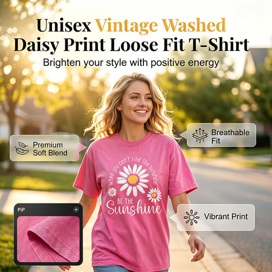 🌼LIMITED TIME 50% OFF! 👕 Vintage Washed Daisy T-Shirt – Soft Breathable Blend, Relaxed Drop Shoulder Fit and Retro Everyday Style