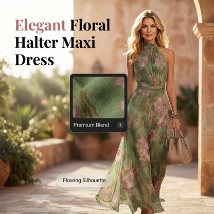 🎁New Arrivals 55% OFF💥Elegant Floral Print Halter Neck Maxi Dress