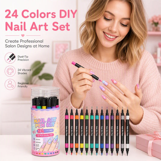 🎉BUY MORE SAVE MORE🎁24 Shades Dual-Tip Nail Art Marker Kit, Quick-Dry Painting Pens For DIY Nail Designs💅