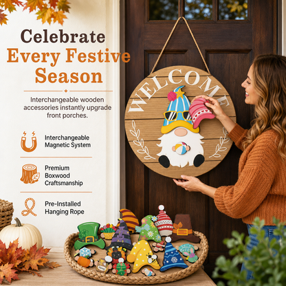 🎄LIMITED-TIME 50% OFF! 🏡Interchangeable Wooden Gnome Welcome Sign Holiday Hanging Plaque for Christmas and Halloween Wall Decor