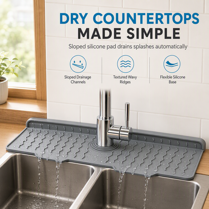 💧 LIMITED-TIME 50% OFF! ⏰Food Grade Silicone Faucet Splash Guard Mat – Cuttable & Thickened, Sloped Draining Pad | No More Splash or Wet Countertops