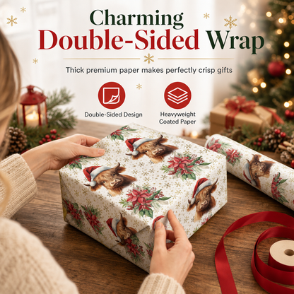🎄LIMITED-TIME 50% OFF! ⏰Christmas Highland Cow and Floral Gift Wrapping Paper Roll 43x500cm Holiday Present Wrap