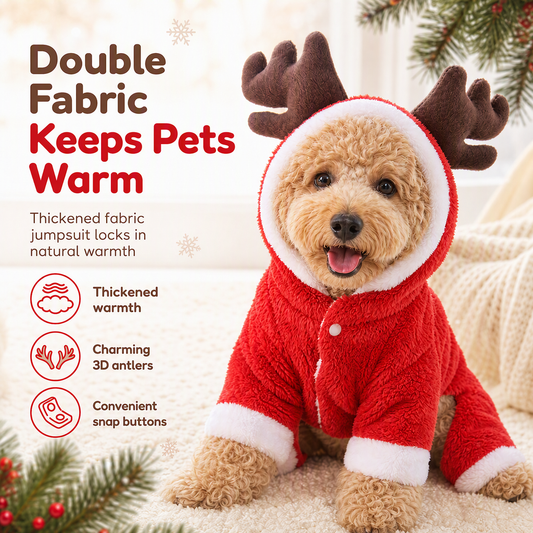 🎄LIMITED-TIME 50% OFF! ⏰Warm Thickened Flannel Pet Jumpsuit Four Legged Christmas Reindeer Dog Clothes with Button Closure for Small Dogs and Cats