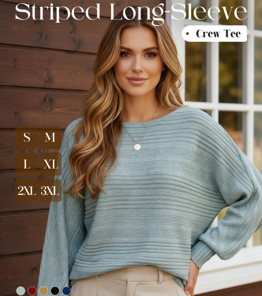 🎁New arrival 52% OFF💥Solid Round-Neck Striped Top with Long Sleeves